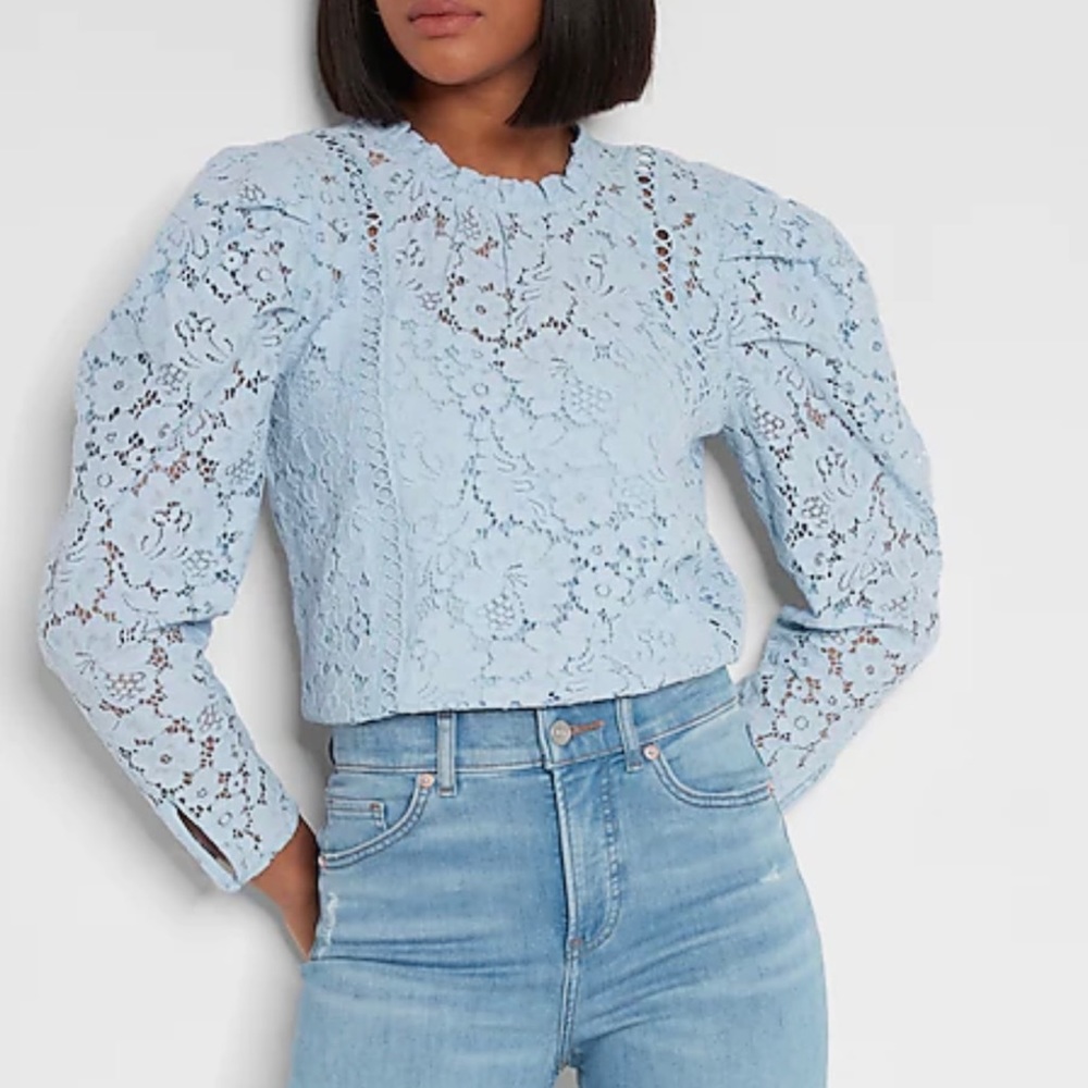 Express Lace Puff Sleeve Top Blue Eyelet XL  16-18 NWT